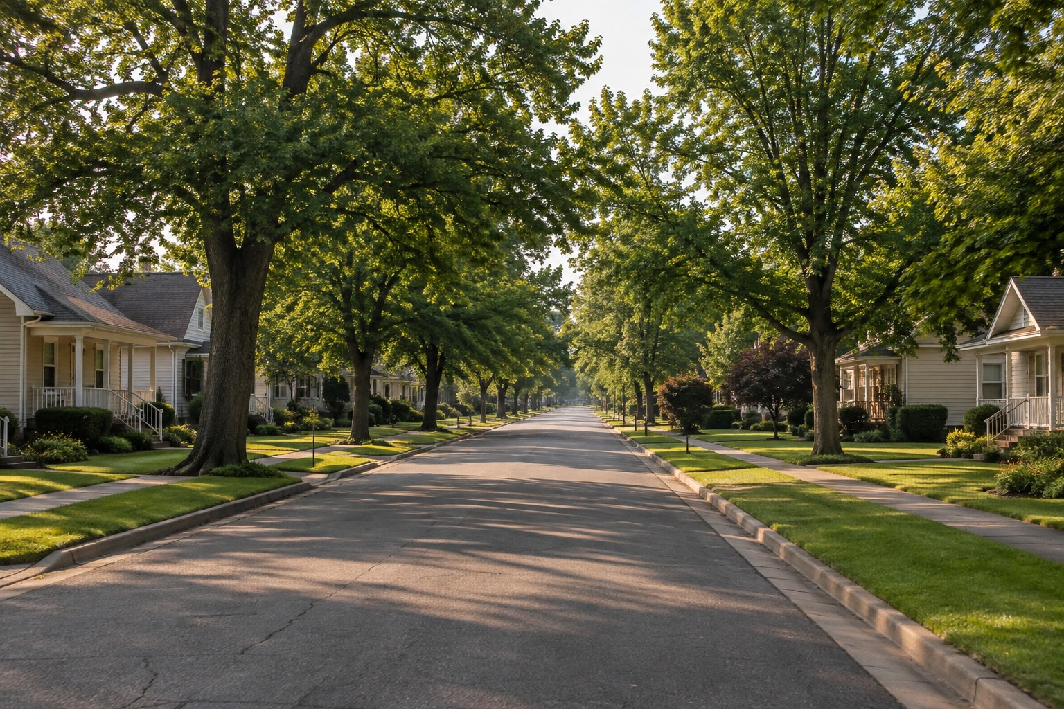 A tree lined street in Monrovia, Indiana