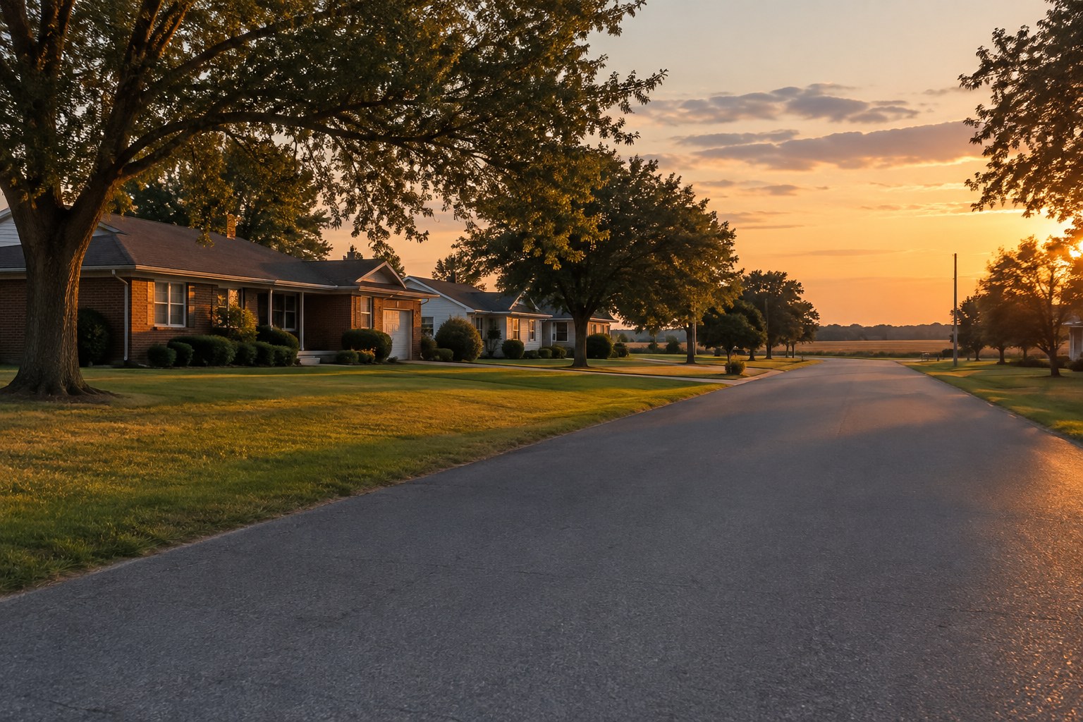 A quiet central Indiana neighborhood street at dusk