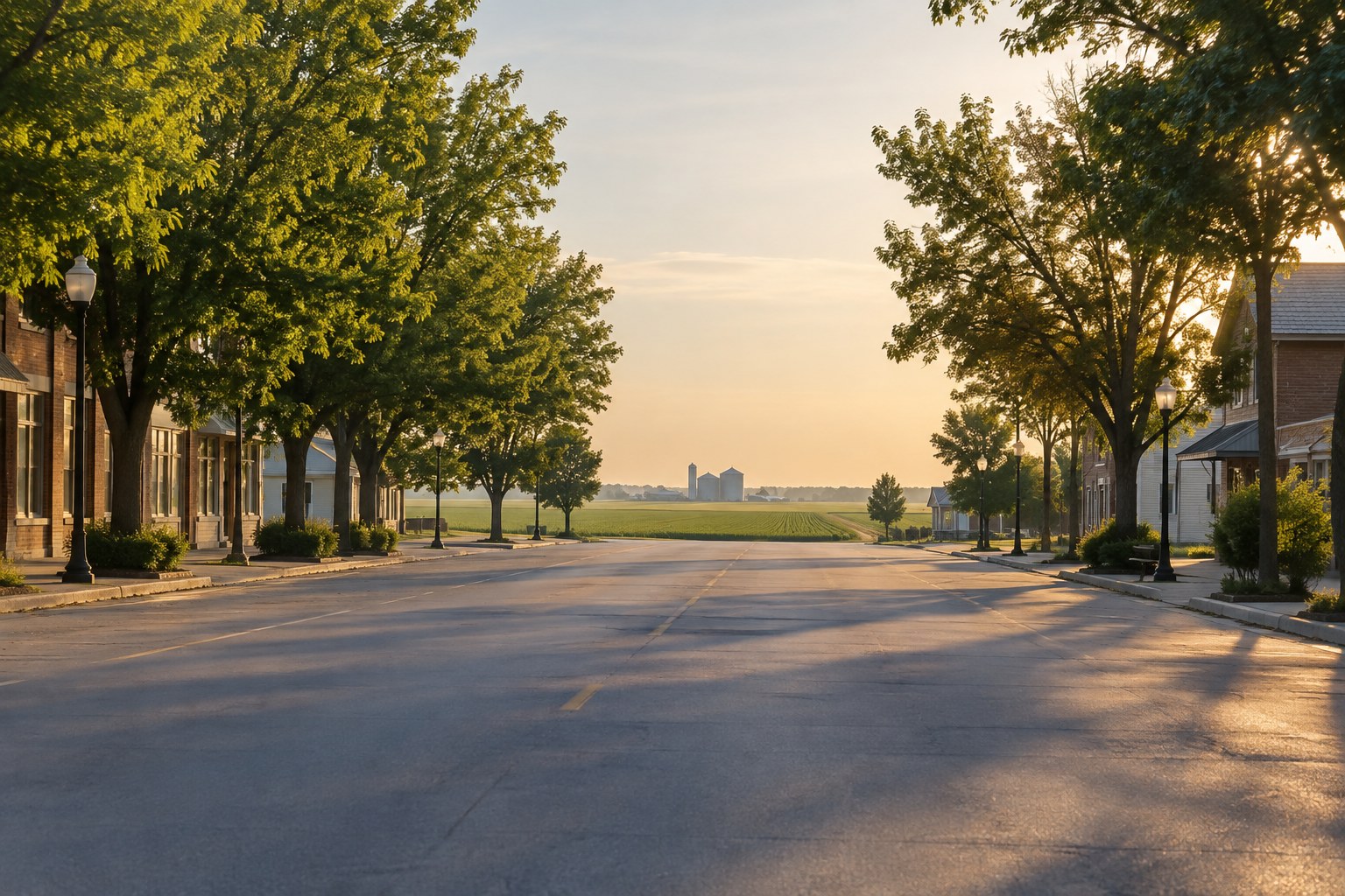 A tree lined central Indiana street in the morning